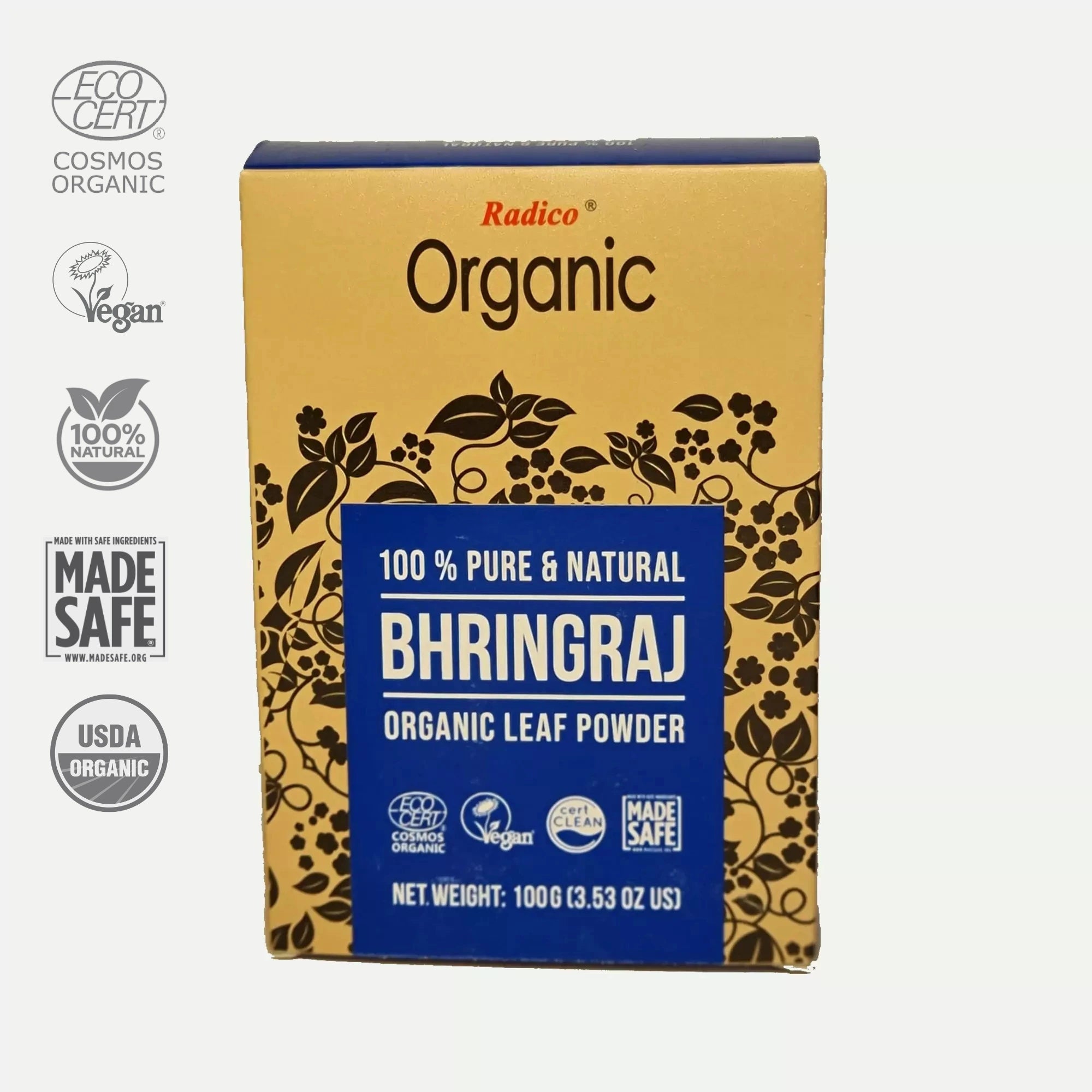 Box of Radico Organic Bhringraj Leaf Powder with certification logos - 100g