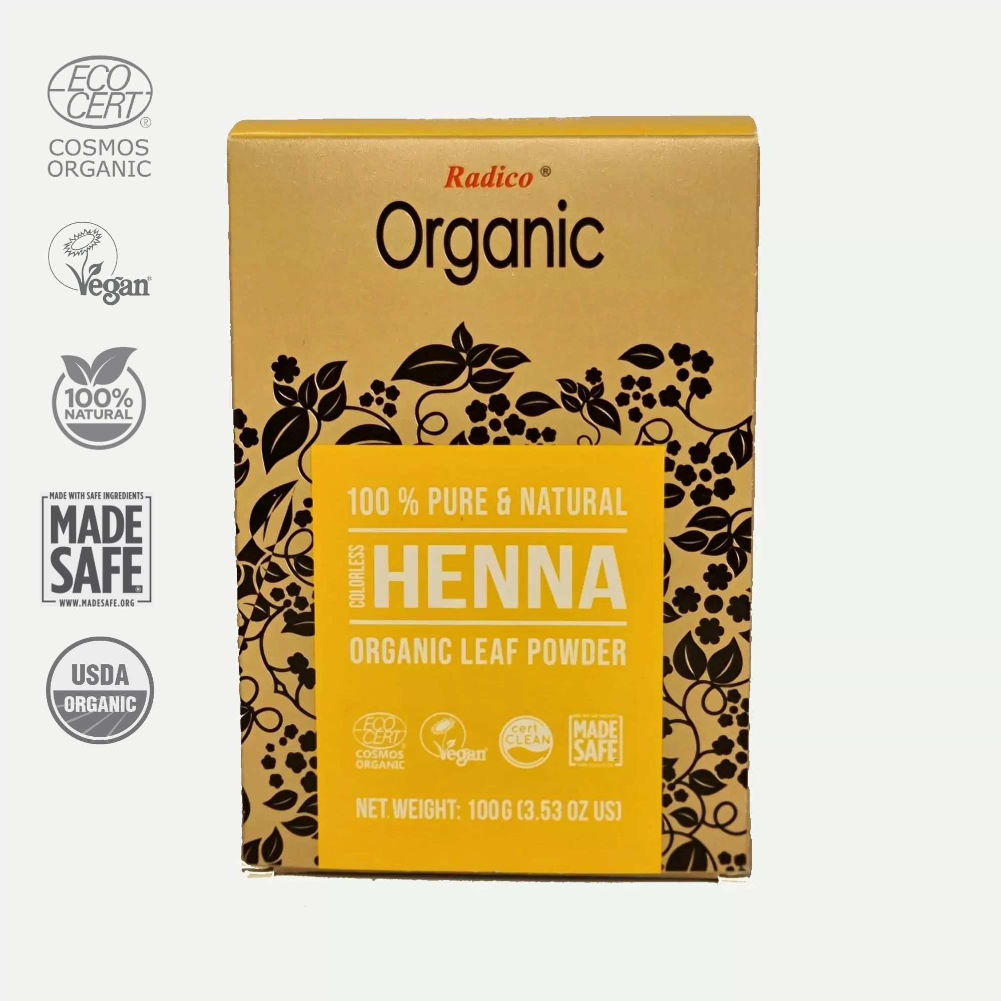 Box of Radico Organic Natural colourless Henna Leaf Powder with certification logos - 100g