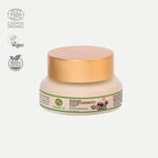 A jar of Plantas Organic Under Eye Cream with a gold-colored lid, labeled as cruelty-free, vegan, and organic.