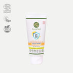 A tube of Plantas sunscreen with SPF 50, certified organic, and marked as vegan.