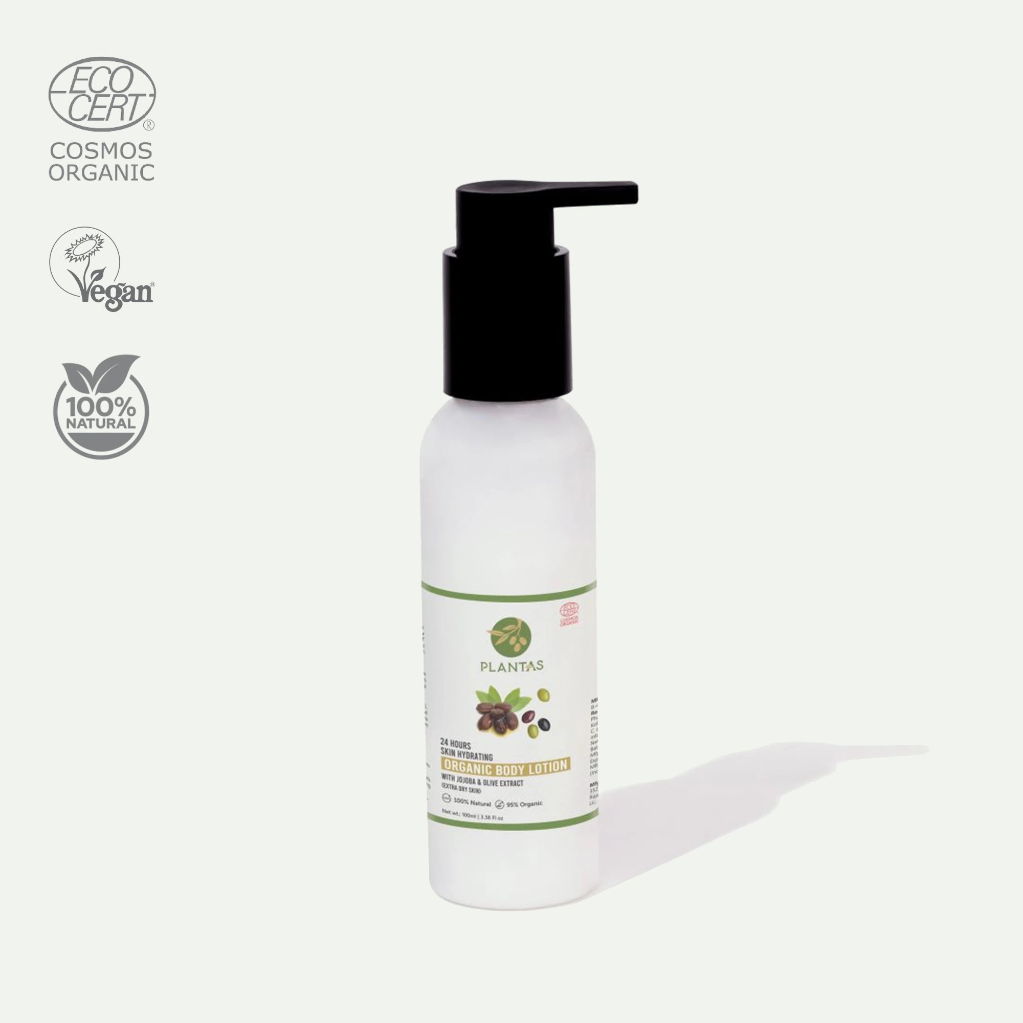 A bottle of Plantas Organic Body Lotion with a pump dispenser, labeled with the brand's logo and organic certification badges.