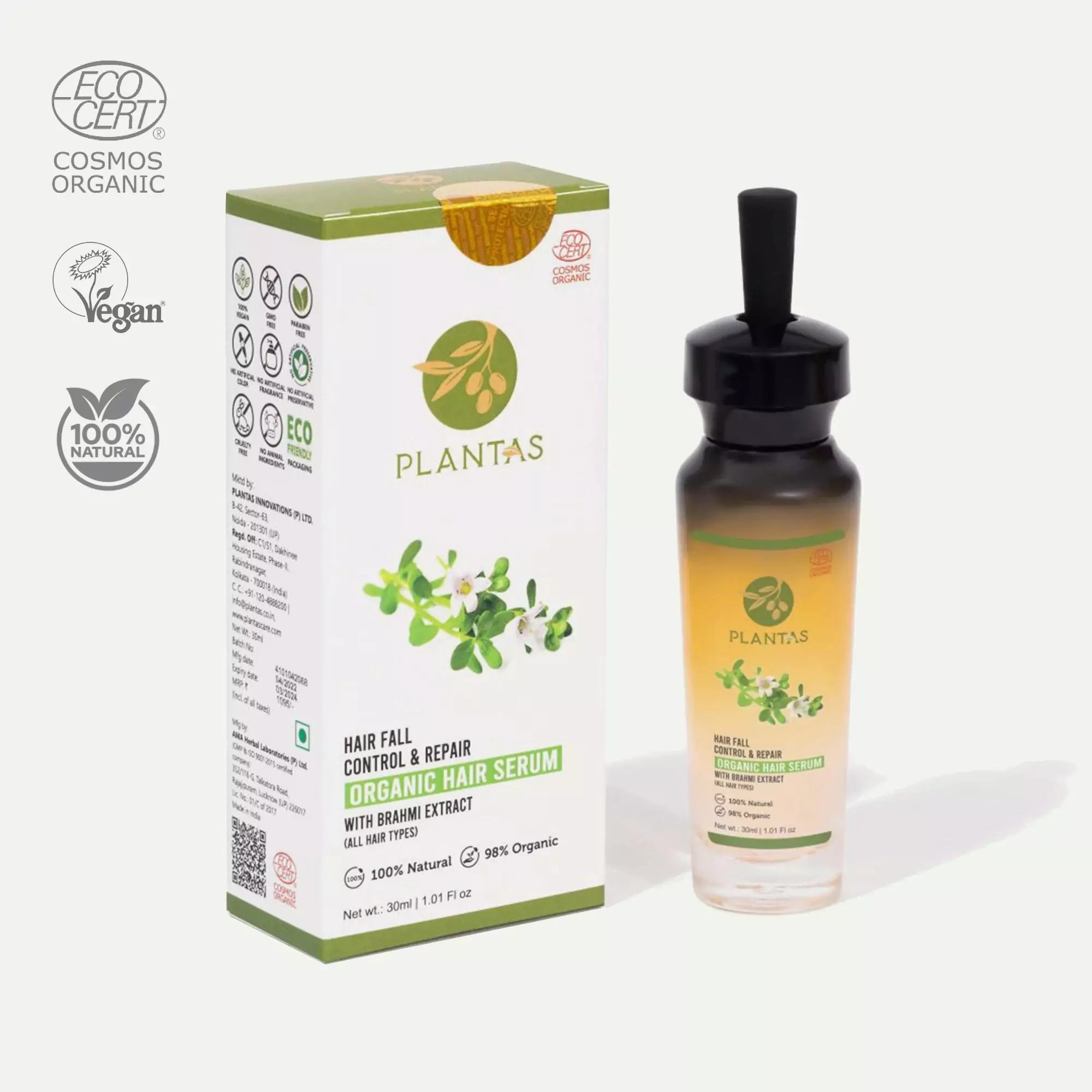 Packaging and bottle of Plantas Organic Hair Serum with branding and product information displayed.