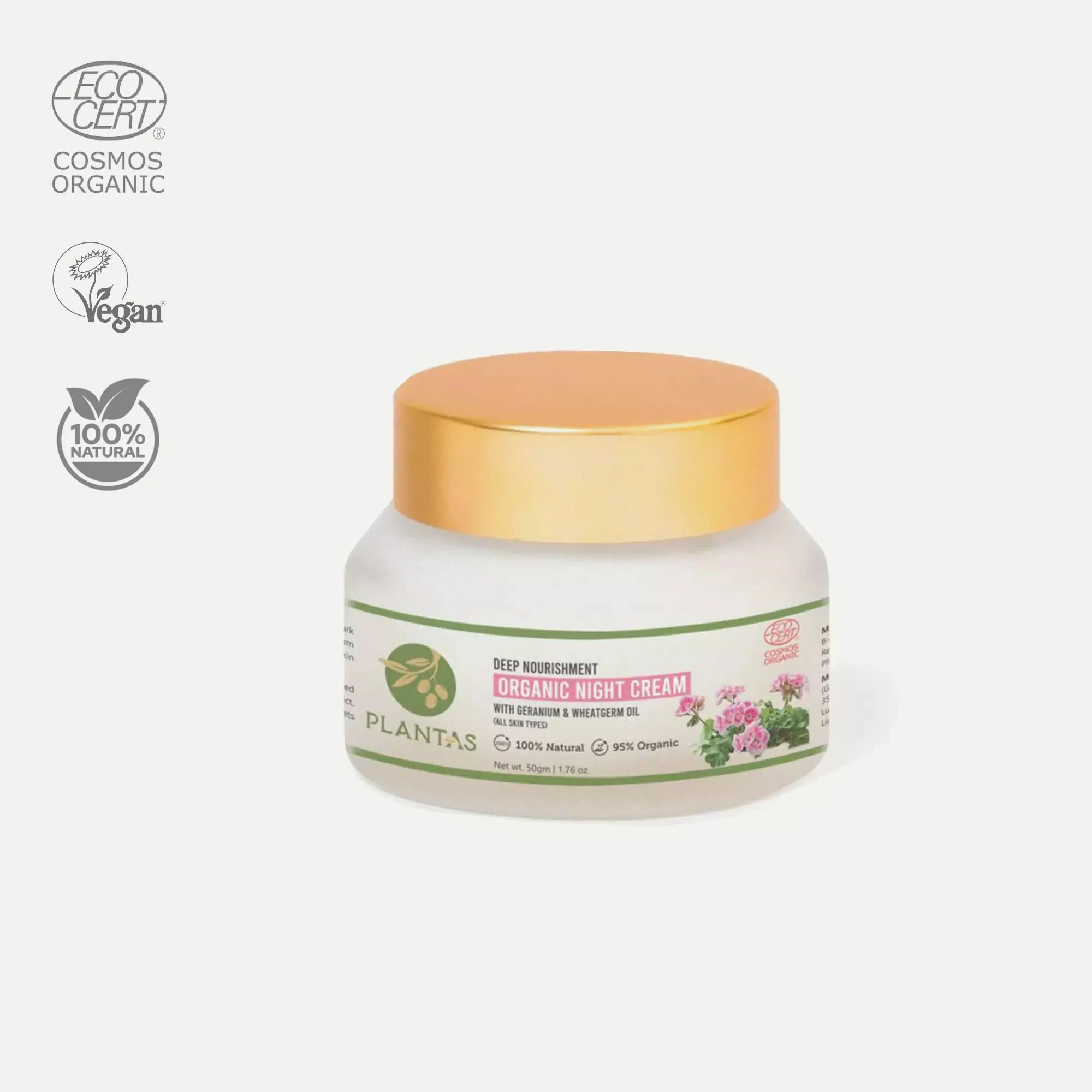 A jar of Plantas Organic Night Cream with the label showing the brand name, product name, and organic certification logos.