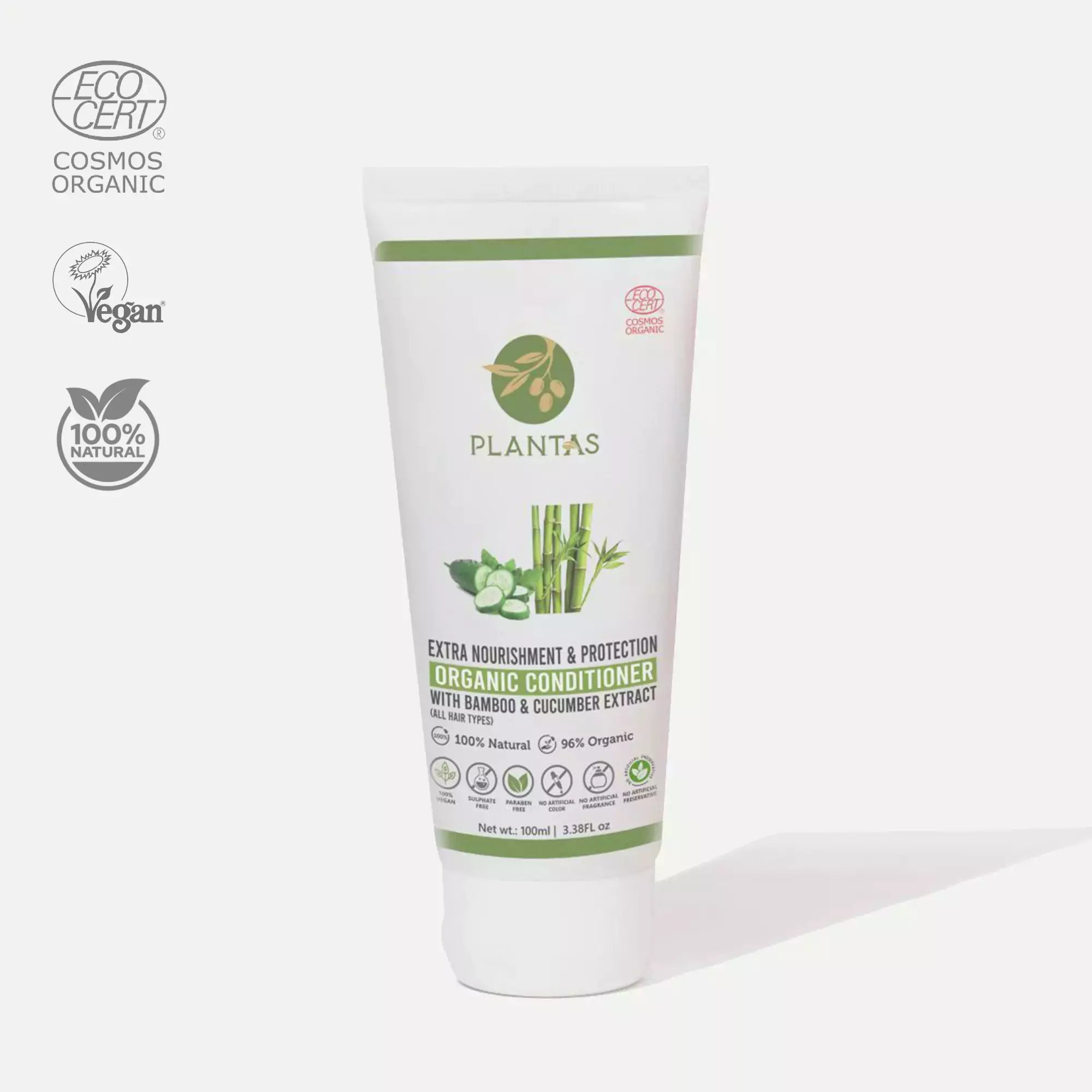 A tube of Plantas Organic Hair Conditioner with extra nourishment and protection, featuring organic, vegan, and 100% cruelty-free labels.