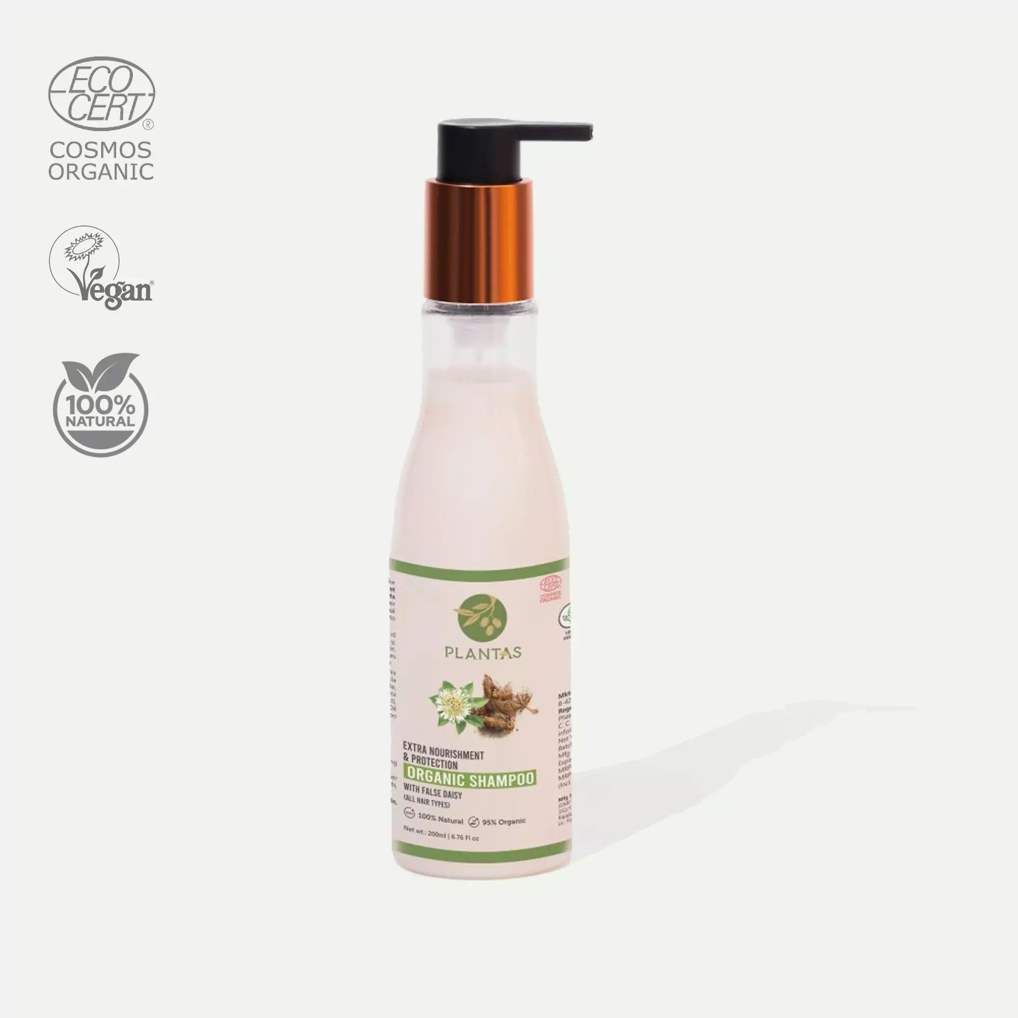 Bottle of Plantas Organic Shampoo with a pump dispenser, featuring organic and vegan certification logos.