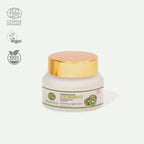 A jar of Plantas Organic Face Cream with a label indicating it's pigmentation defence, with logos for Cosmos Organic and vegan certification.