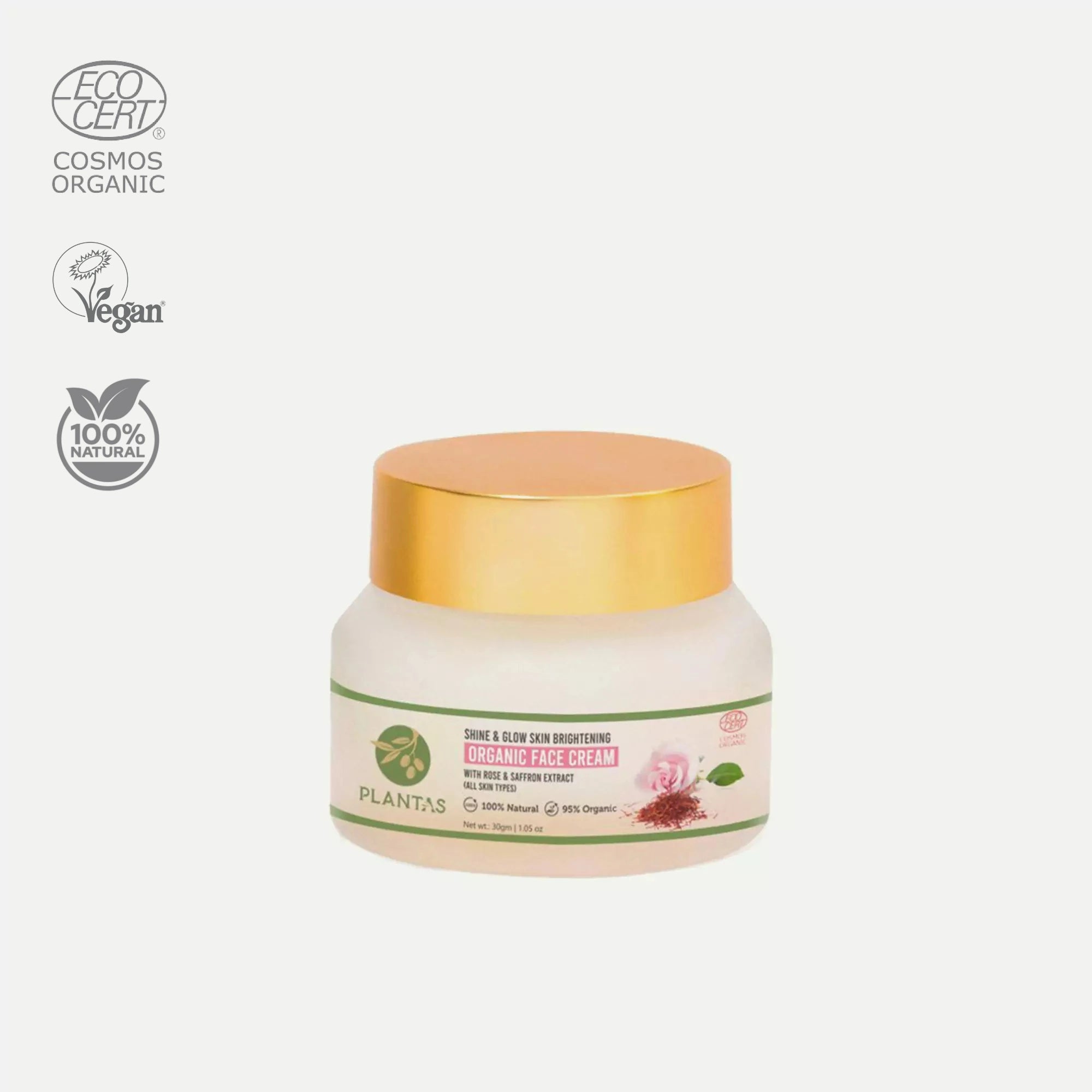 A jar of Plantas Organic Face Cream with skin brightening benefits indicated, alongside logos for vegan and organic certification.